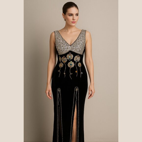 Embellished Black Velvet Gown w/ Floral Gemstones – Statement Dress (Small) - Picture 8 of 8